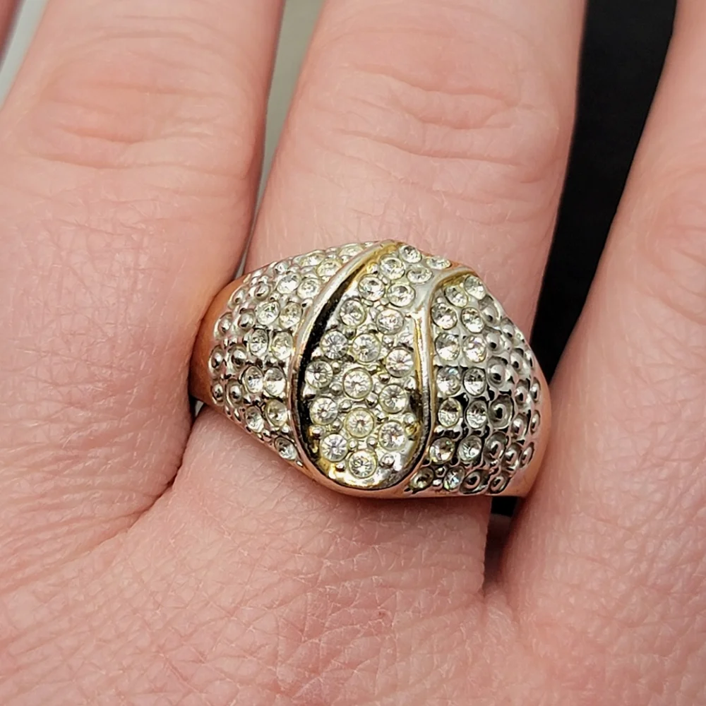 Vintage Signed RINC Coctail Ring Gold Tone Faux Diamond